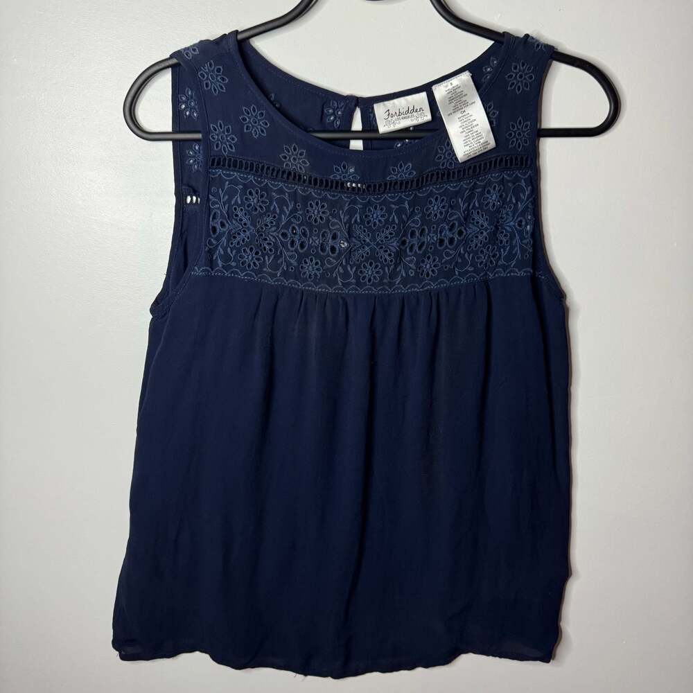Forbidden Los Angeles Navy Blue Embroidered Sleeveless Tank Top Small